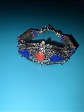 Nepali Tibetan silver bracelet with lapiz lazuli and coral tibetan gems